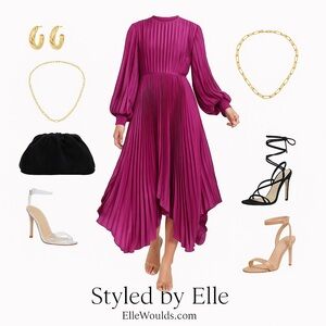 Mac Duggal NWT 11638 Size 8, Fuchsia Long Sleeve Pleated Handkerchief Midi Dress